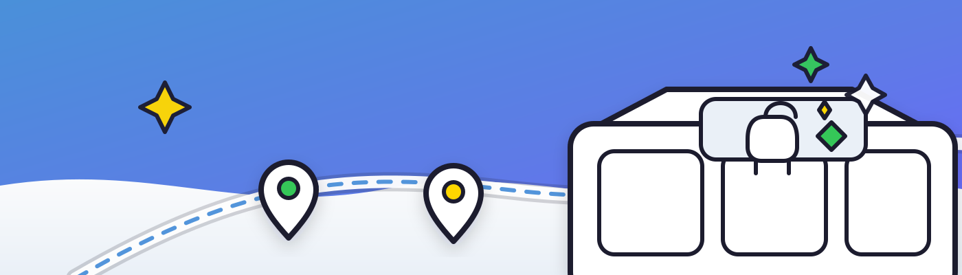 Cartoon travel center with a sparkling restroom sign and a route leading to it