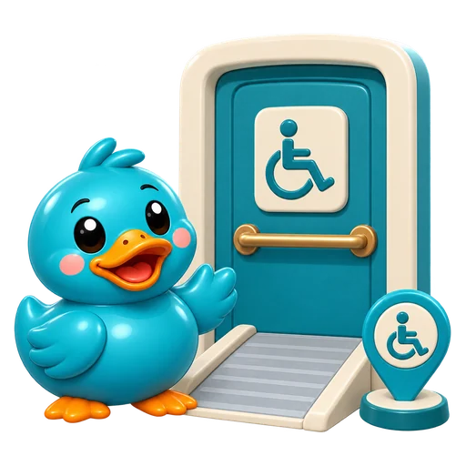 Waddles, RestMap's teal rubber duck mascot, beside a wheelchair-accessible restroom door with a grab bar and a ramp
