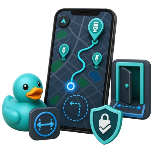 Waddles, RestMap's teal rubber duck mascot, comparing accessible restroom signals on a map