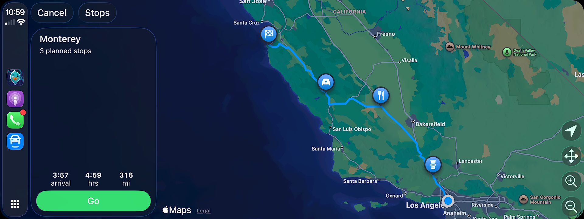 A Los Angeles-to-Monterey trip on a wide CarPlay display, with three planned breaks, travel time, and an arrival estimate before Go.