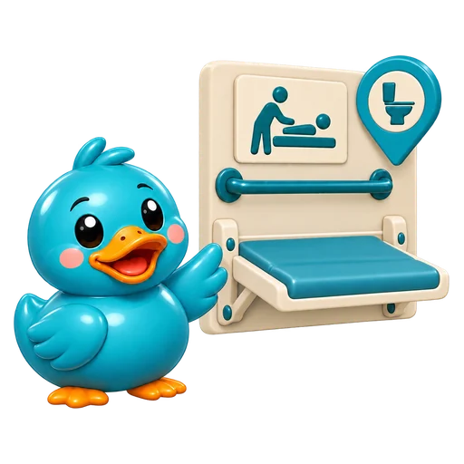 Waddles, RestMap's teal rubber duck mascot, beside a fold-down adult changing bench with a grab bar and a caregiver sign