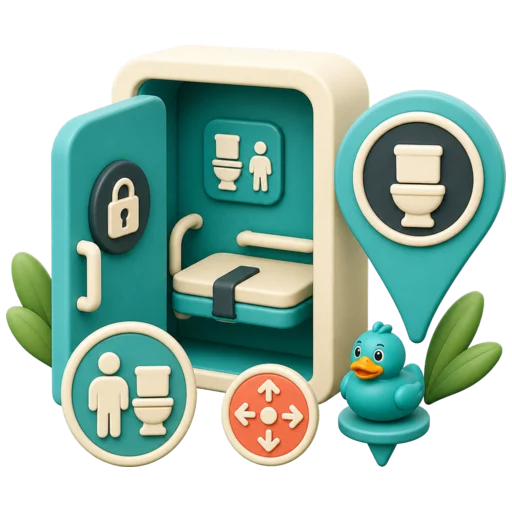 A private companion-care restroom illustration with Waddles, RestMap's teal rubber duck mascot