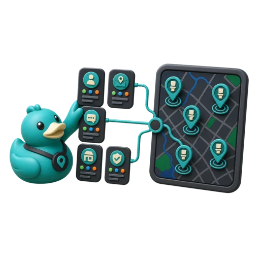 Waddles, RestMap's teal rubber duck mascot, organizing restroom data source cards on a map