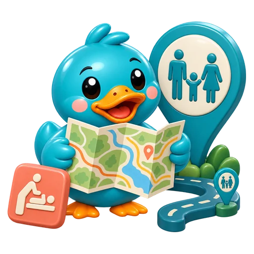 Waddles, RestMap's teal rubber duck mascot, reading a trip map beside a family restroom pin and a baby changing table sign