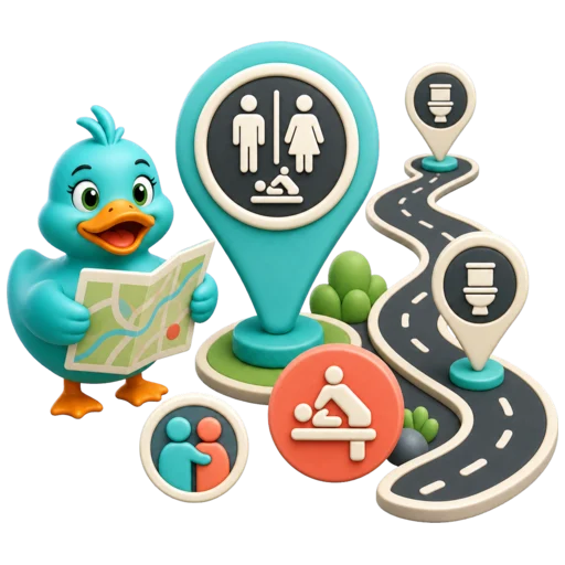Waddles, RestMap's teal rubber duck mascot, planning restroom stops for a family trip