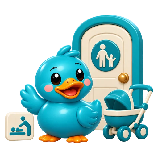 Waddles, RestMap's teal rubber duck mascot, waving beside a family restroom door with a stroller and a baby changing table sign