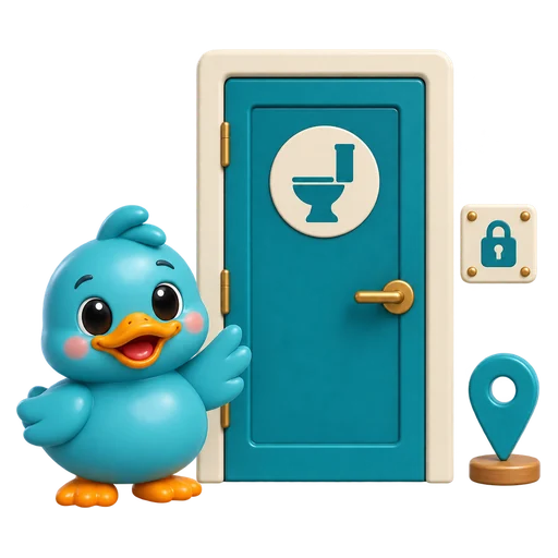 Waddles, RestMap's teal rubber duck mascot, beside a single-user all-gender restroom door with a lock