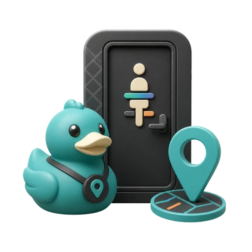 Waddles, RestMap's teal rubber duck mascot, finding gender-neutral restroom options on a map