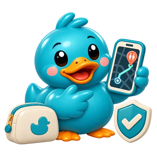 Waddles, RestMap's teal rubber duck mascot, holding a phone that shows a route to the next restroom, beside a travel pouch and a privacy shield