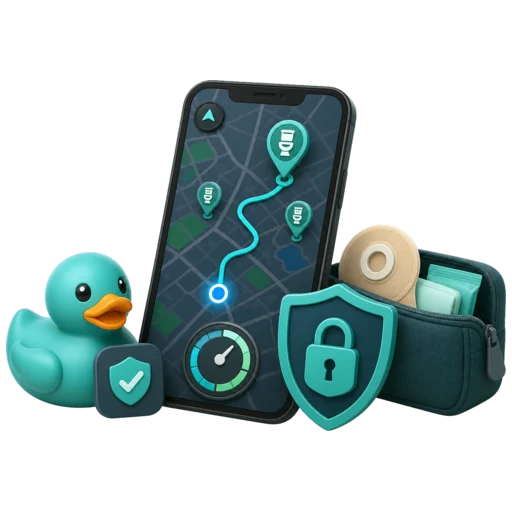 Waddles, RestMap's teal rubber duck mascot, planning urgency-aware restroom stops on a map