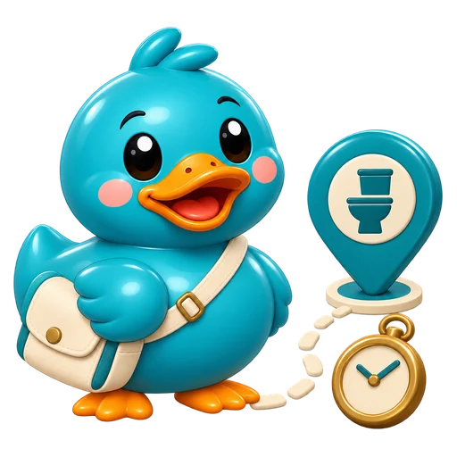 Waddles, RestMap's teal rubber duck mascot, with a shoulder bag and a travel clock on a short path to a restroom pin