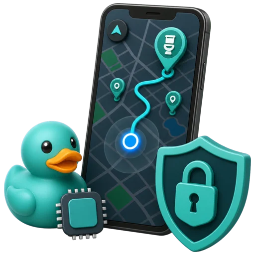 Waddles, RestMap's teal rubber duck mascot, planning restroom stops on a map