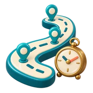 Journey IQ illustration: a route with evenly spaced stops and a travel clock