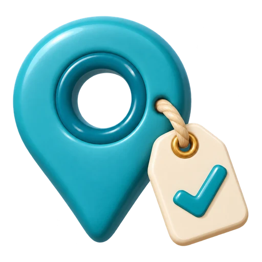Source label illustration: a map pin with a checked label tag
