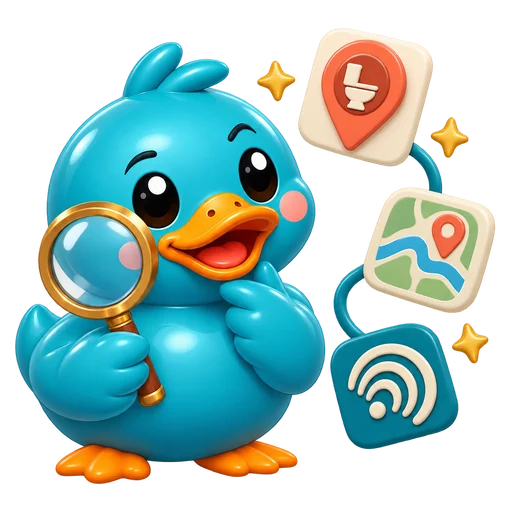 Waddles, RestMap's teal rubber duck mascot, with a magnifying glass beside a restroom pin, a route and a scout radar