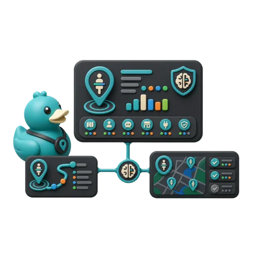 Waddles, RestMap's teal rubber duck mascot, reviewing RestRoom IQ, Journey IQ, and Scout IQ route panels