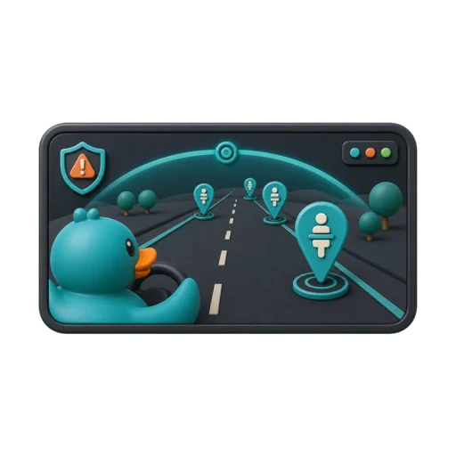 Waddles watching RestMap Scout IQ restroom options ahead on a route