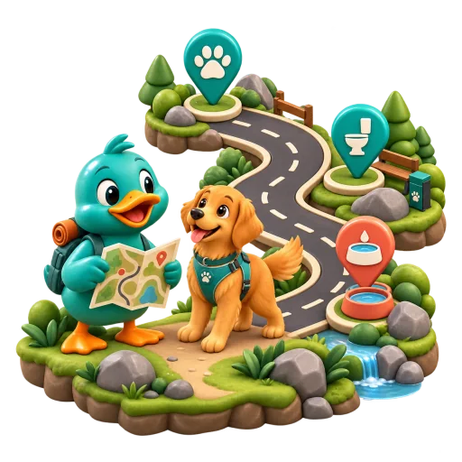 Waddles planning a route with a dog, pet-area pin, restroom pin, and water stop