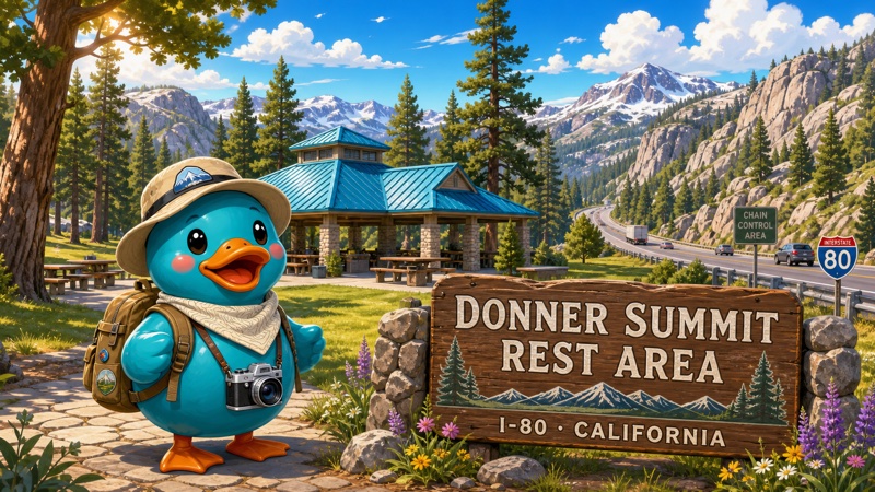 Waddles, RestMap's teal rubber duck mascot, near Donner Summit on Interstate 80