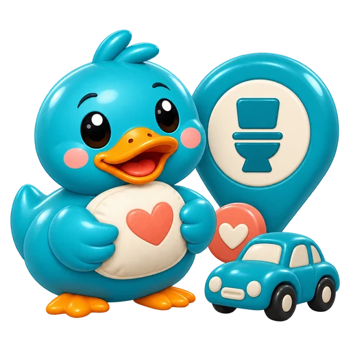 Waddles, RestMap's teal rubber duck mascot, holding a cushion beside a restroom pin, a heart and a toy car