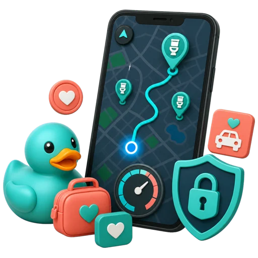 Waddles, RestMap's teal rubber duck mascot, planning restroom stops for a road trip