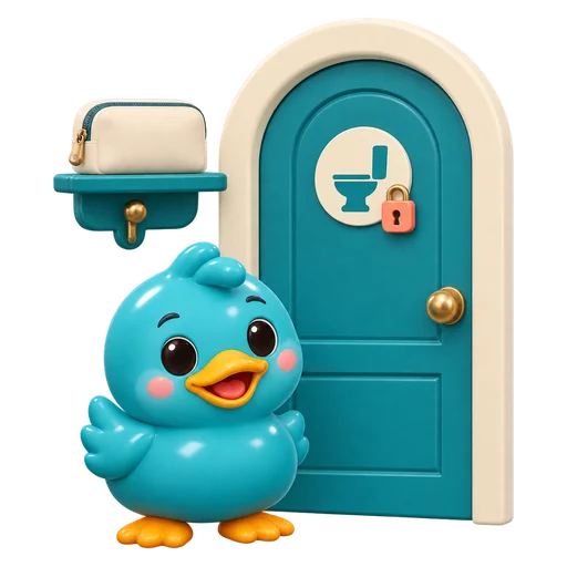 Waddles, RestMap's teal rubber duck mascot, beside a private single-user restroom door with a lock, a shelf and a hook
