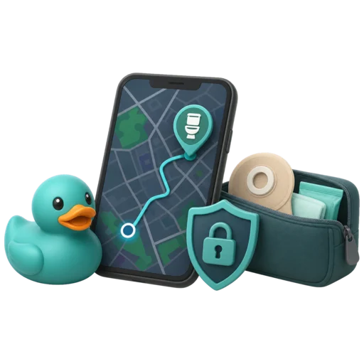Waddles, RestMap's teal rubber duck mascot, planning private restroom stops on a map