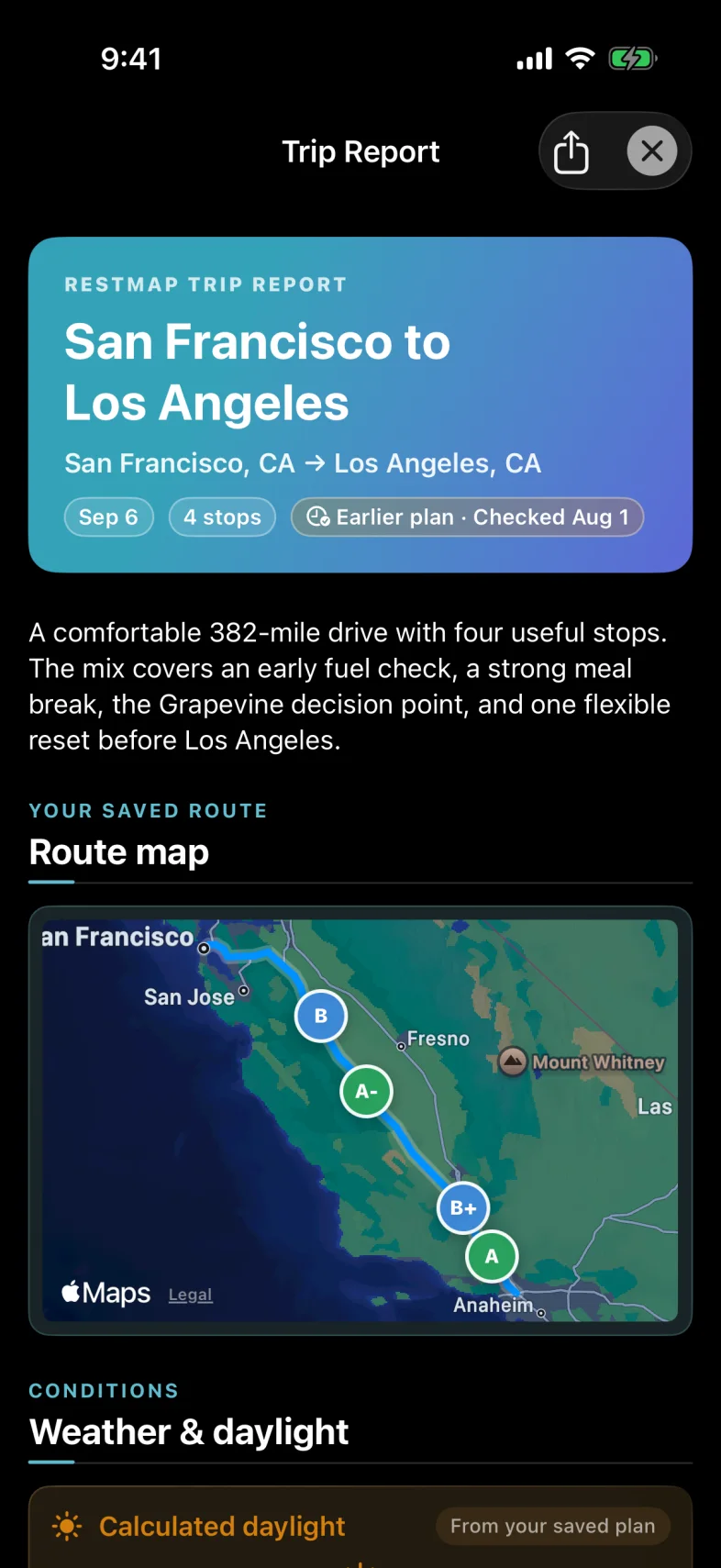 A RestMap Trip Report: the route, its stops and timing, reviewed before leaving.