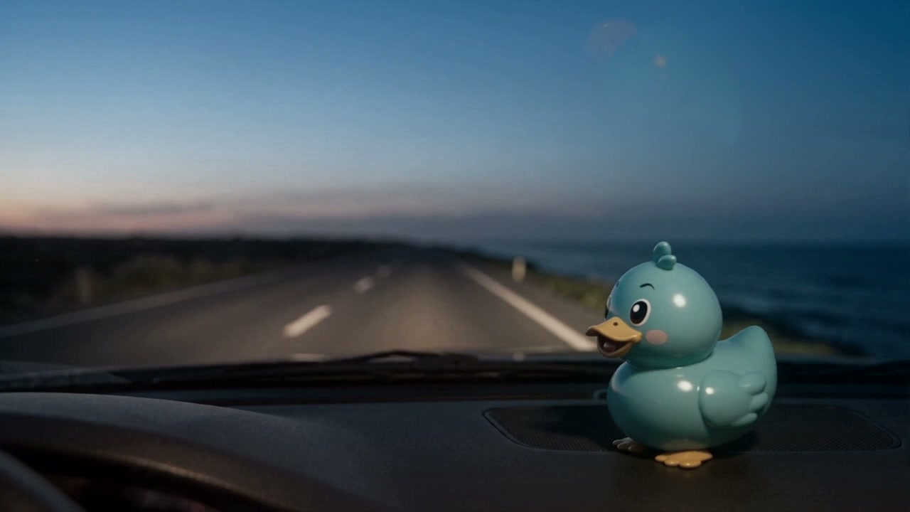 Waddles riding on a car dashboard at dusk on an empty coastal road, the last light on the horizon.