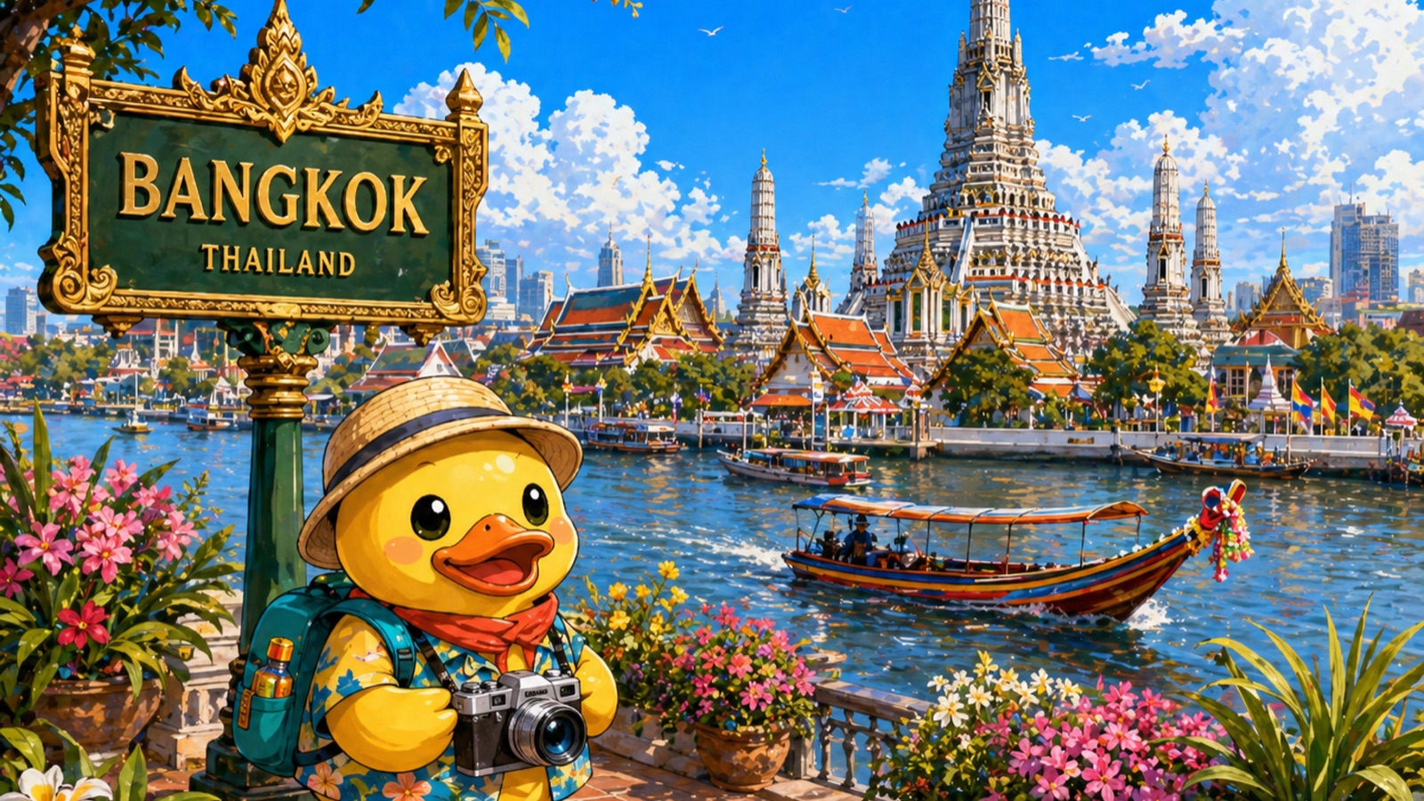 Stylized Bangkok riverside panorama with the towering white-and-gilt prang of Wat Arun on the Chao Phraya River, ornate temple roofs and the Grand Palace skyline, a long-tail boat decorated with garlands cruising past, frangipani and tropical blooms, and a green-and-gold 'BANGKOK · THAILAND' signpost; Waddles the duck in foreground wearing a straw hat, a floral Thai shirt, and a red scarf, holding a camera with a backpack and water bottle.