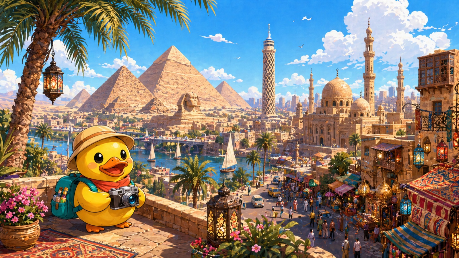 Stylized Cairo cityscape with the Pyramids of Giza, the Sphinx, the Cairo Tower, and minaret-topped mosques along the Nile; Waddles the duck in foreground wearing a safari hat and holding a camera, palm trees and lanterns framing the scene.
