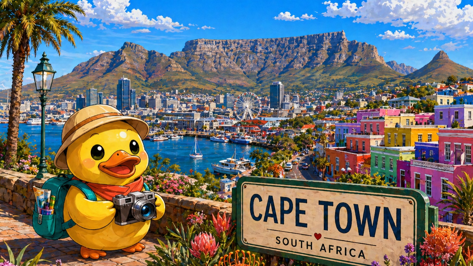 Stylized Cape Town panorama with the flat-topped Table Mountain rising over the city, Lion's Head to the right, the V&A Waterfront harbour with sailboats and a Cape Wheel, the colorful Bo-Kaap pastel houses on the hillside, palm trees and king proteas in bloom, and a 'CAPE TOWN · SOUTH AFRICA' sign; Waddles the duck in foreground wearing a safari hat and red scarf, holding a camera with an art-supply-stuffed backpack on a tiled overlook.