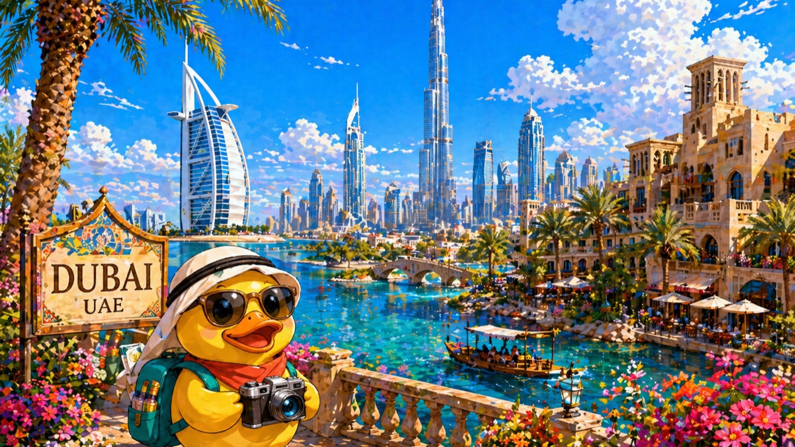 Stylized Dubai skyline panorama with the Burj Khalifa rising over the marina, the sail-shaped Burj Al Arab on the coast, the Palm Jumeirah and Dubai Frame in the distance; date palms, sand dunes, and a 'DUBAI · UAE' sign; Waddles the duck in foreground wearing a safari hat and red scarf, holding a camera.