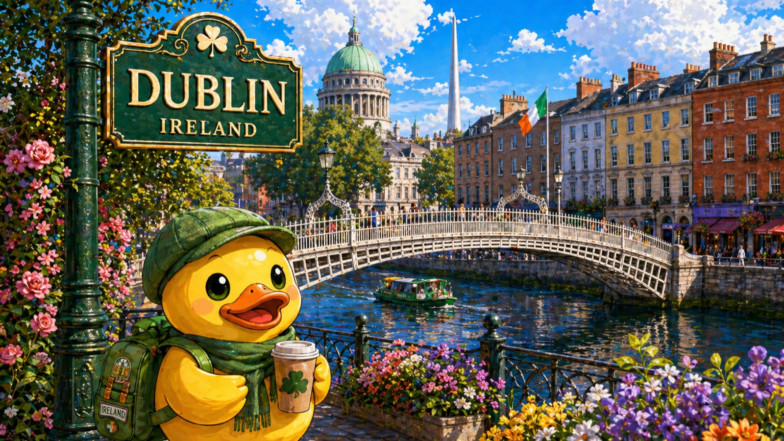 Stylized Dublin riverside scene with the Ha'penny Bridge over the River Liffey, Trinity College, Christ Church Cathedral, a Georgian doorway, the Irish flag, shamrocks, and a 'DUBLIN · ÉIRE' sign; Waddles the duck in foreground wearing a safari hat and a green scarf, holding a camera.