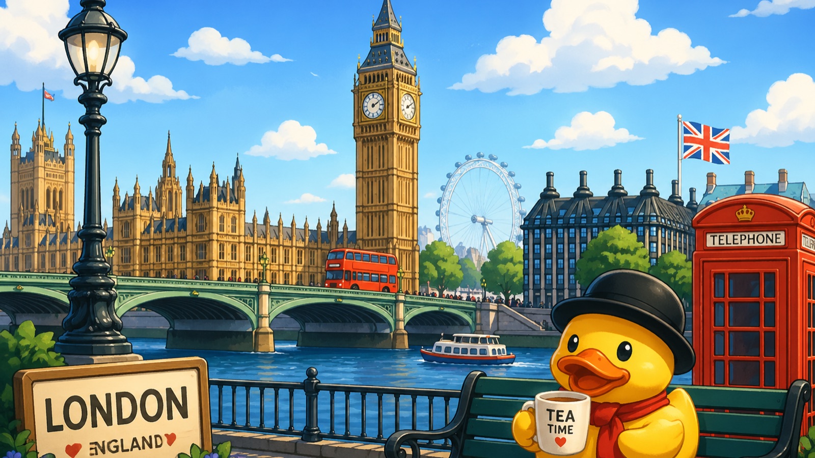 Stylized London riverside scene with Big Ben and the Houses of Parliament, Westminster Bridge with a red double-decker bus, the London Eye, a red telephone booth, a Union Jack, and a 'LONDON · ENGLAND' signpost; Waddles the duck in foreground wearing a black bowler hat and red scarf, holding a 'TEA TIME' mug on a Thames-side bench.