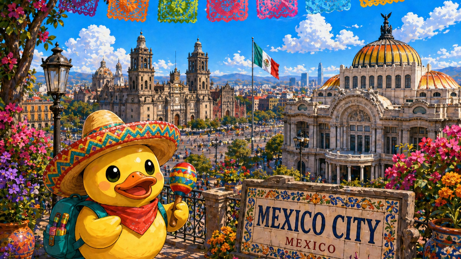 Stylized Mexico City panorama with the Metropolitan Cathedral on the Zócalo, the Angel of Independence column, the Palacio de Bellas Artes, and a colorful market; papel-picado banners, the Mexican flag, marigolds, and a 'CIUDAD DE MÉXICO · MÉXICO' sign; Waddles the duck in foreground wearing a safari hat and red scarf, holding a camera.
