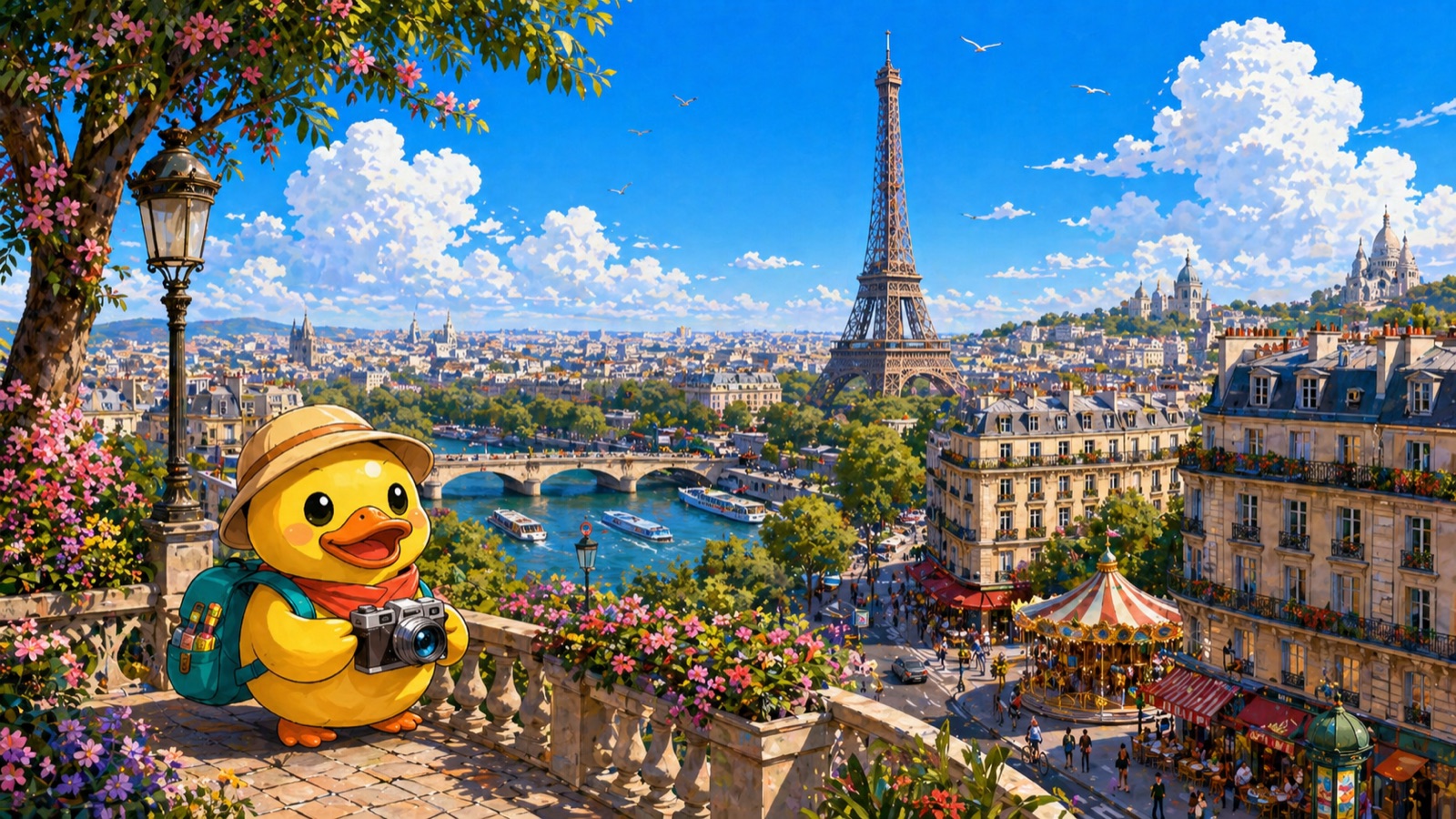 Stylized Paris panorama with the Eiffel Tower over the Seine, Sacré-Cœur on the hillside, Haussmann balconies dressed in geraniums, a Pont des Arts-style bridge with sightseeing boats below, and a vintage carousel; Waddles the duck in foreground wearing a safari hat and holding a camera, framed by cherry blossoms and a wrought-iron lamp post.