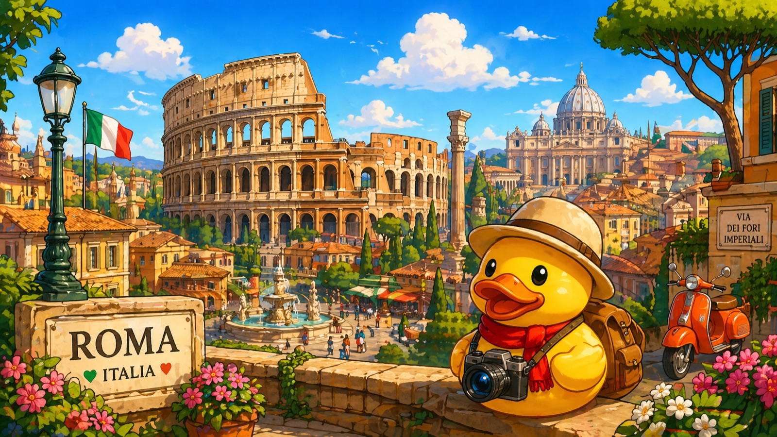 Stylized Rome panorama with the Colosseum, the dome of St Peter's Basilica, terracotta-roofed neighborhoods, a Trevi-style fountain in the piazza, the Italian flag, an umbrella pine, a Vespa scooter, and a 'ROMA · ITALIA' sign; Waddles the duck in foreground wearing a safari hat and red scarf, holding a camera and a satchel atop a stone wall.