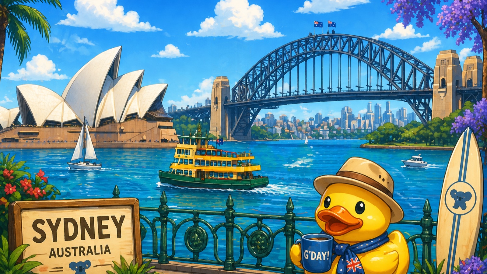 Stylized Sydney harbour panorama with the Sydney Opera House, the Sydney Harbour Bridge flying Australian flags, the city skyline, a yellow-and-green Sydney ferry on the harbour with a sailboat alongside, a koala-emblazoned surfboard, jacaranda blooms, and a 'SYDNEY · AUSTRALIA' sign; Waddles the duck in foreground wearing a safari hat and Australian-flag scarf, holding a 'G'DAY' mug at a harbourside railing.