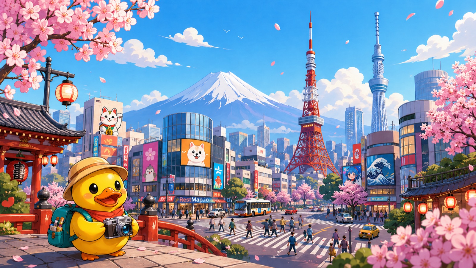 Stylized Tokyo cityscape with Mount Fuji, Tokyo Tower, and Tokyo Skytree under cherry blossoms; Waddles the duck in foreground holding a camera near a red bridge, with a RestMap.io billboard in the distance.