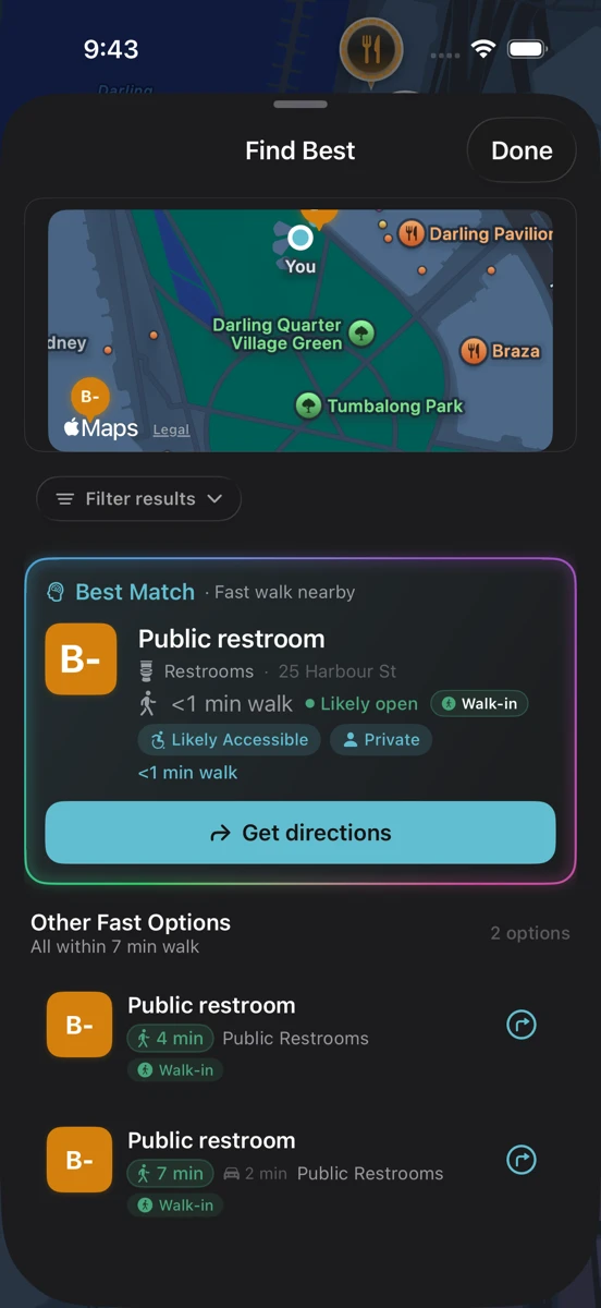 Find Best beside Sydney’s Tumbalong Park: a public restroom under a minute away on foot, with walk-in access and nearby alternatives.