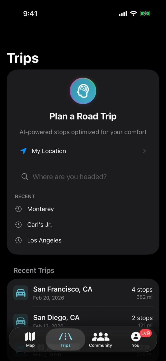 RestMap’s Trips screen, with destination planning and recent trips.